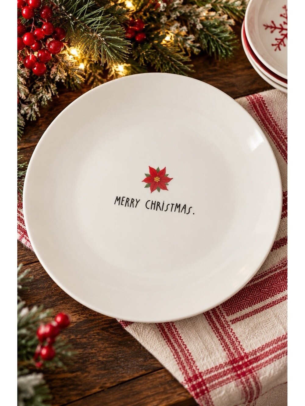 Rae Dunn Merry Christmas Poinsettia 11” Platter Artisan Collection Magenta